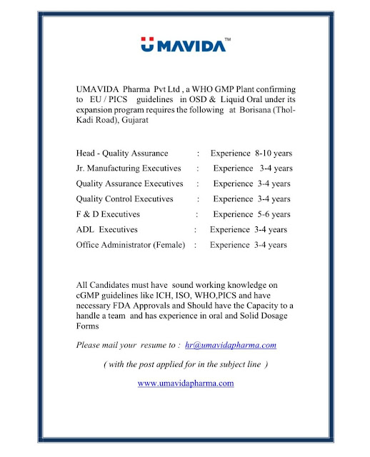 Umavida Pharma Hiring 2025