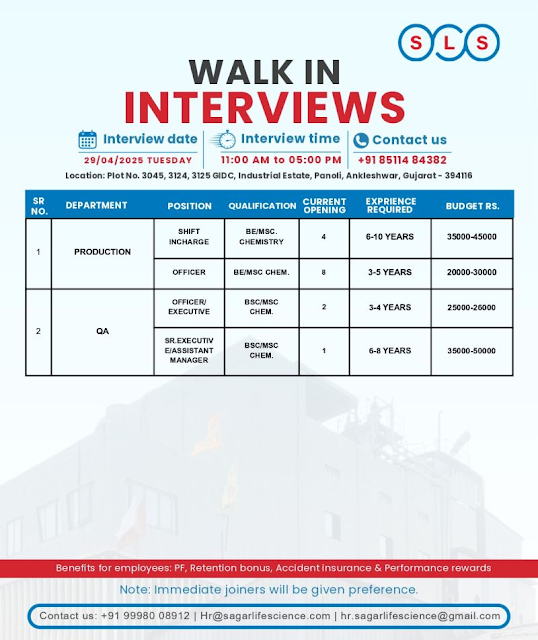 Sagar Life Science Walk In Interview 2025