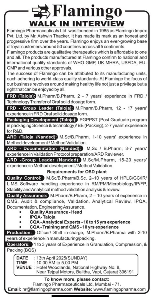 Flamingo Pharma Walk In Interview 2025