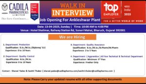 Cadila Pharma Walk In Interview 13th April 2025