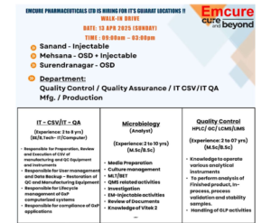 Emcure Pharma Ahmedabad Walk In Drive 2025