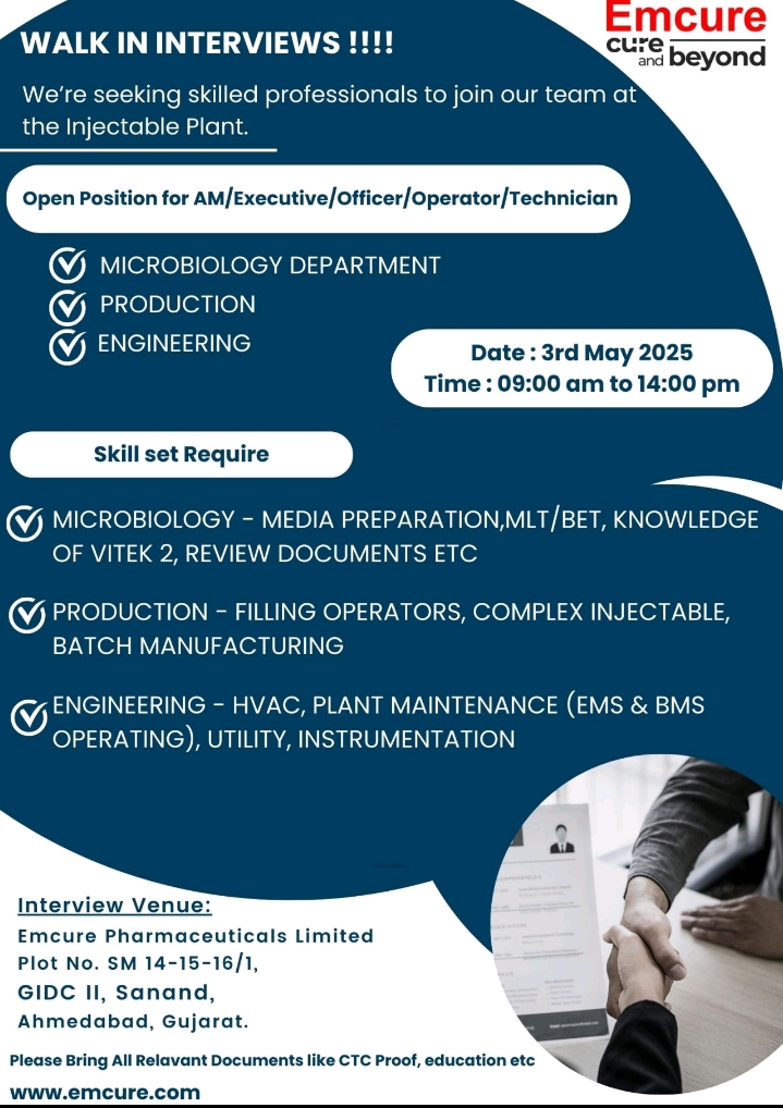 Emcure Pharma Walk In Interviews 2025