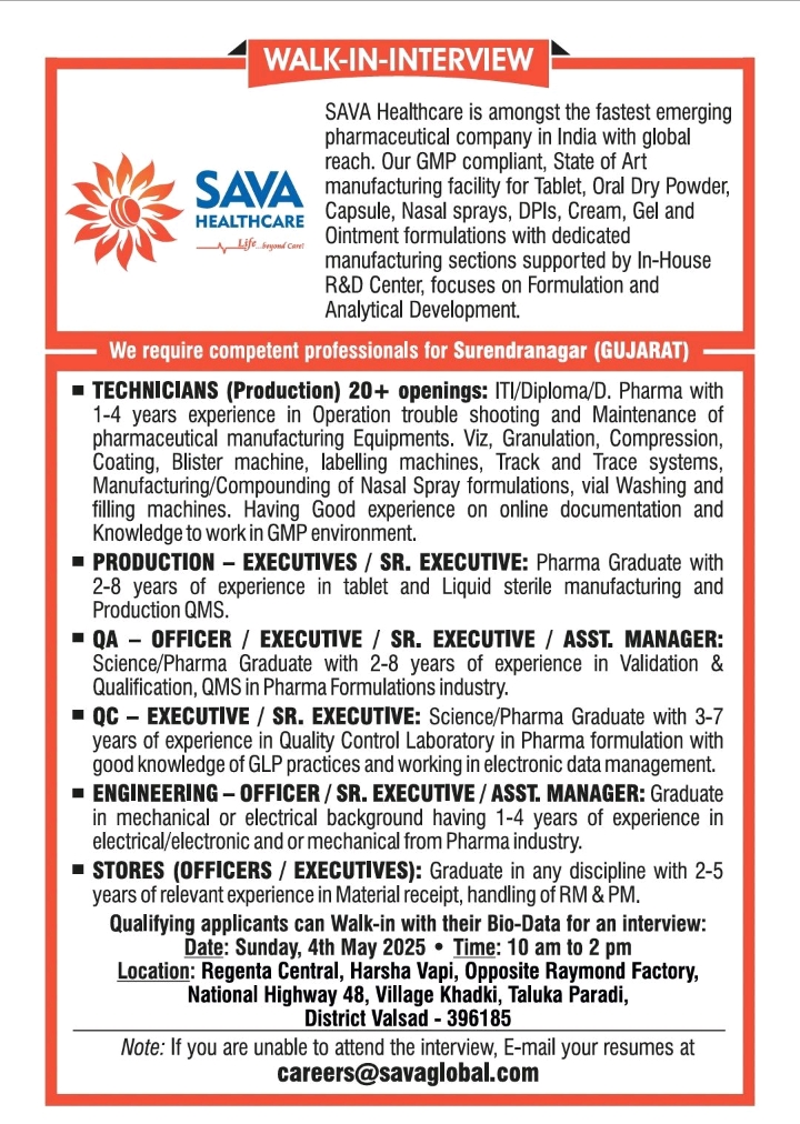Sava Healthcare walk in interview 2025