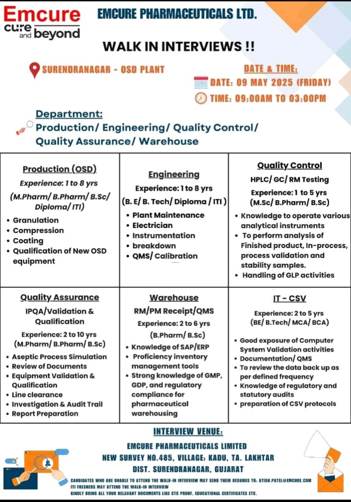 Emcure Pharma Walk in interview 2025
