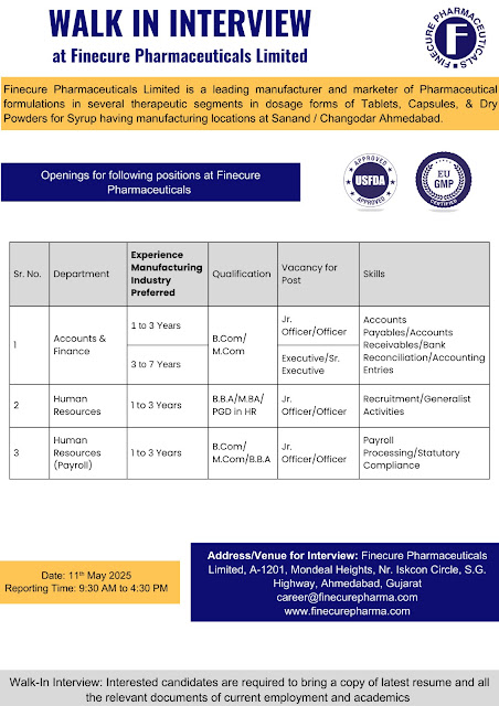 Finecure Pharma Walk In Interview 2025