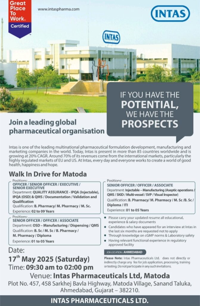 Intas Pharma Walk In Interview 2025