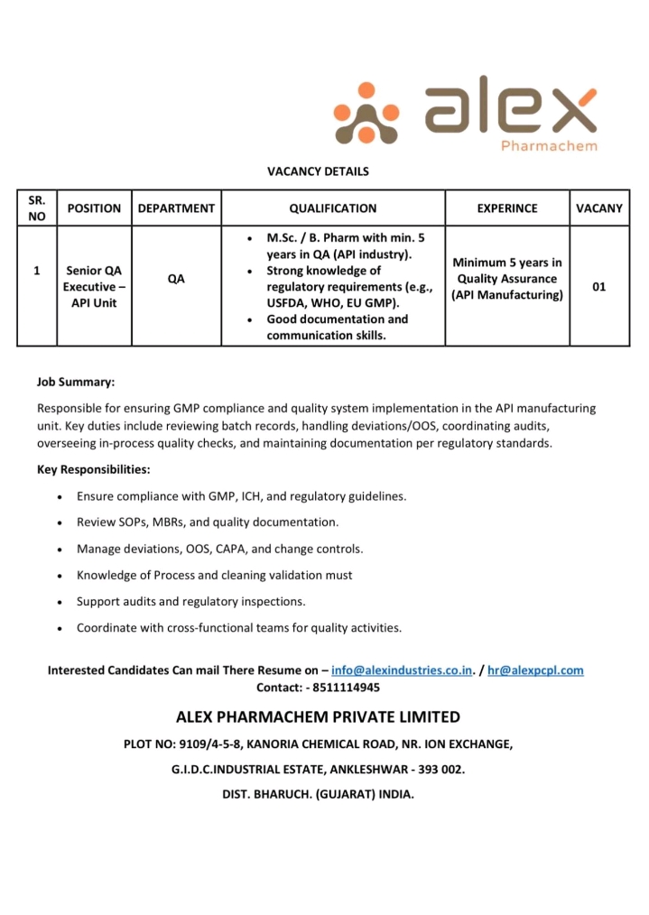 Alex Pharmachem Vacancy 2025