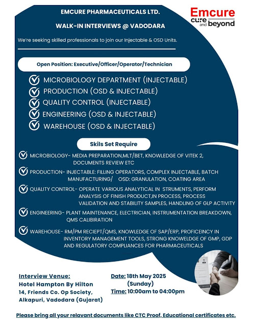 Emcure Pharma Walk In Interview 2025
