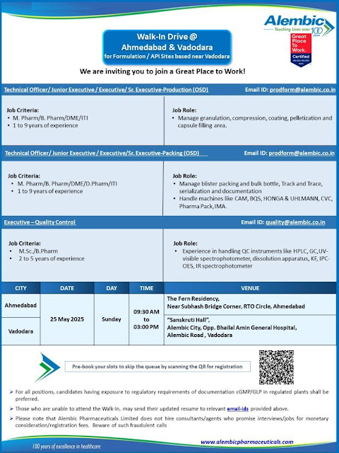 Alembic Pharma Walk In Interview 2025