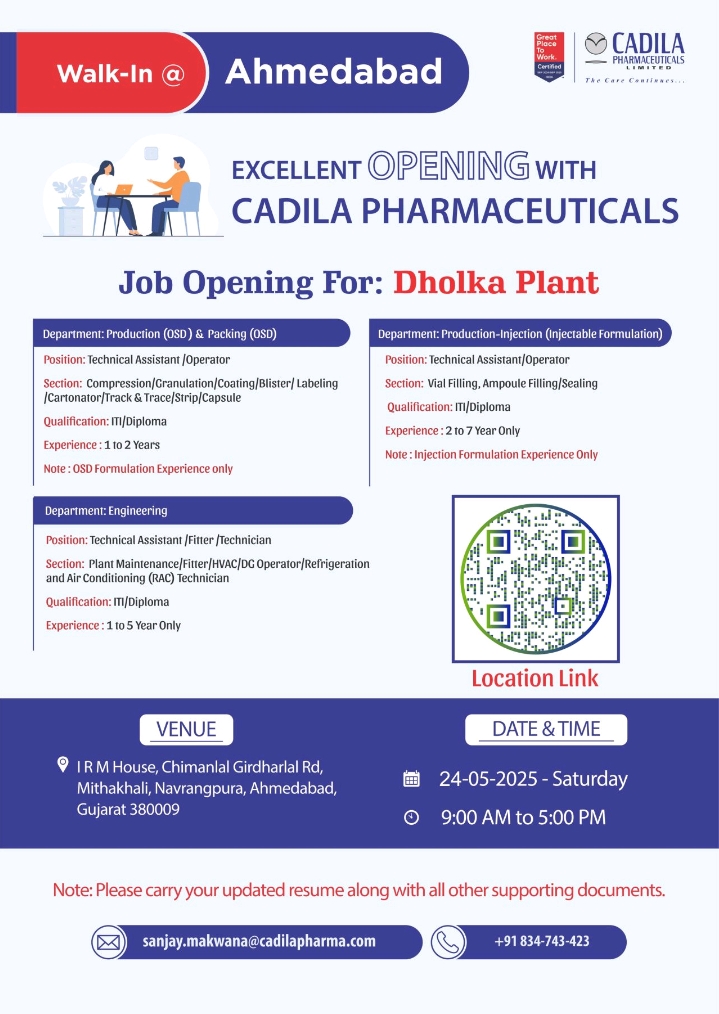 Cadila Pharma Walk In Interview 2025