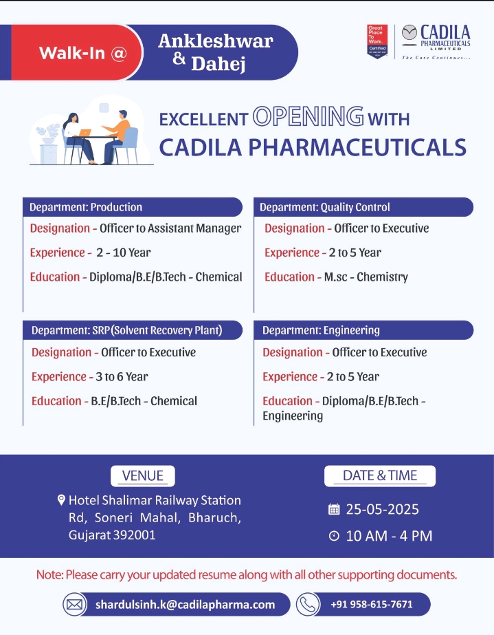 Cadila Pharma walk in interview 2025