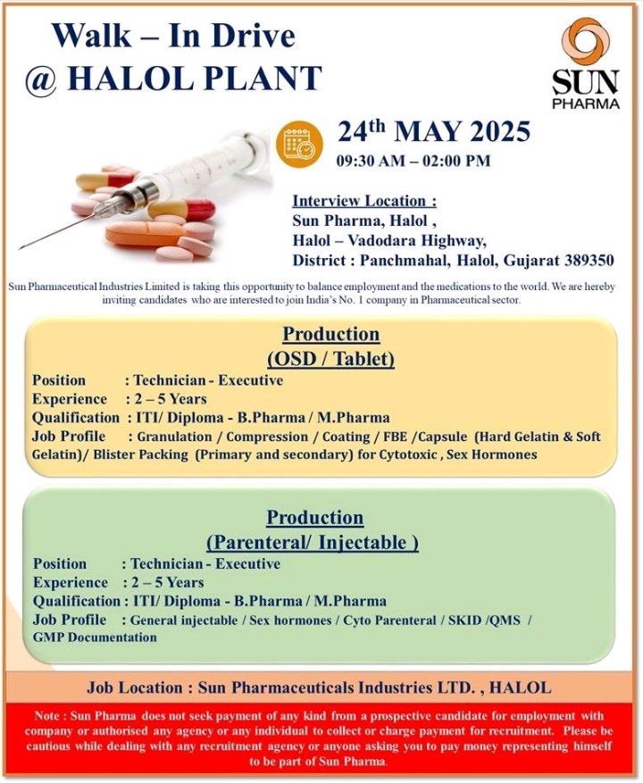 Sun pharma Walk in interview 2025