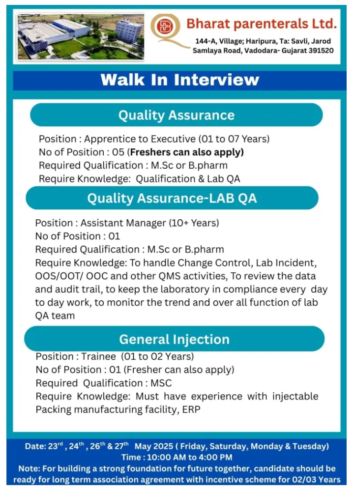 Bharat Parenterals Walk In Interview 2025