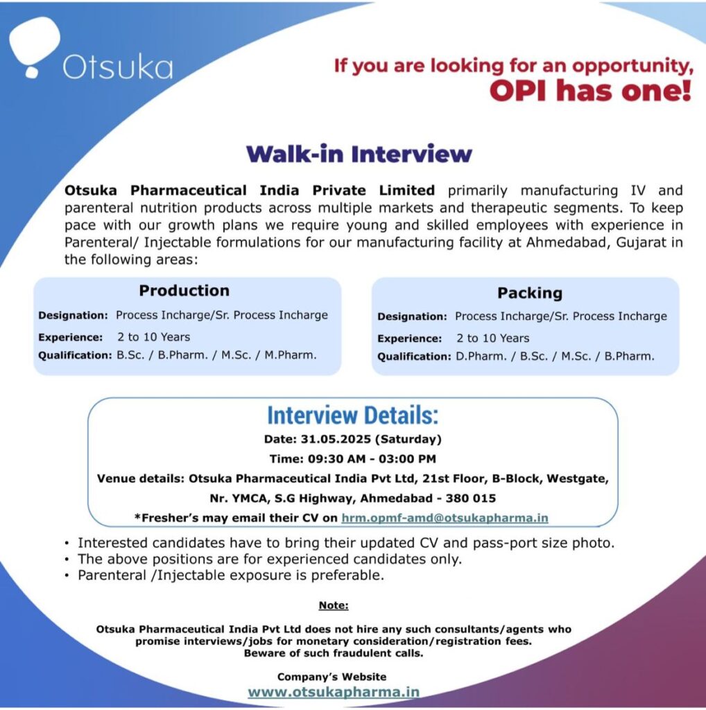 Otsuka Pharma Walk In Interview 2025
