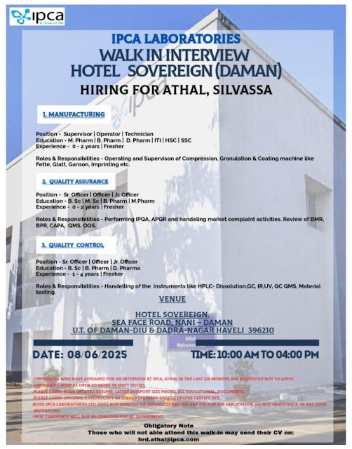 IPCA Laboratories Walk In Interview 2025