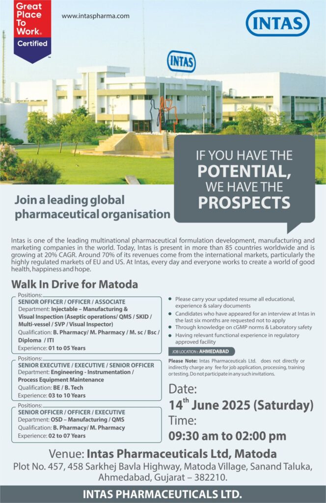 Intas Pharma Walk in Interview 2025