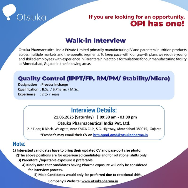 Otsuka Pharma Walk in Interview 2025