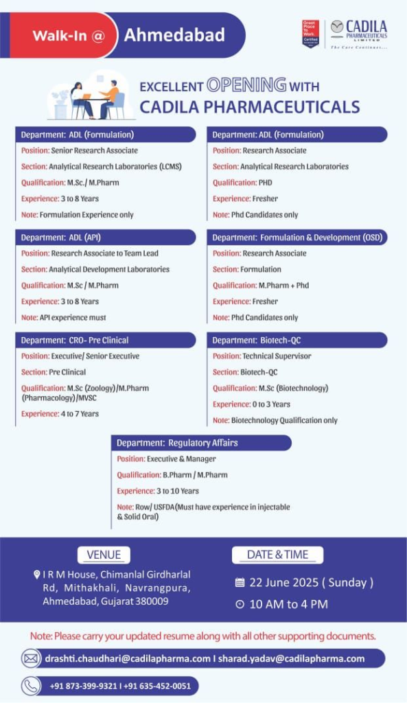 Cadila Pharma Walk In Interview 2025