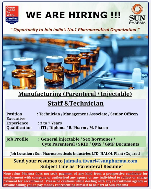 Sun Pharma Latest Job Opening 2025