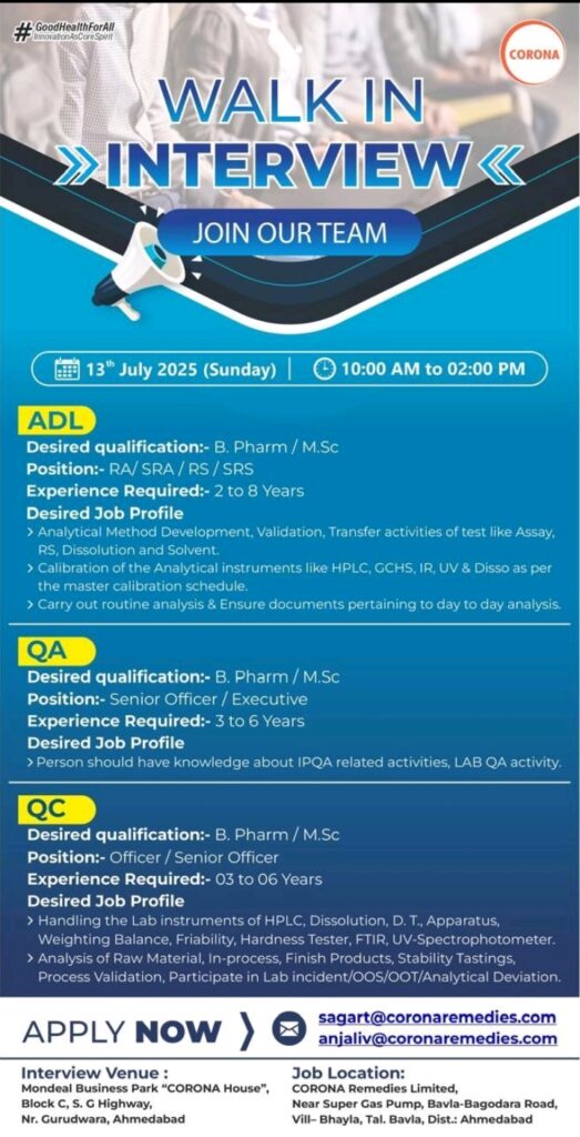 Corona Remedies Walk in Interview 2025