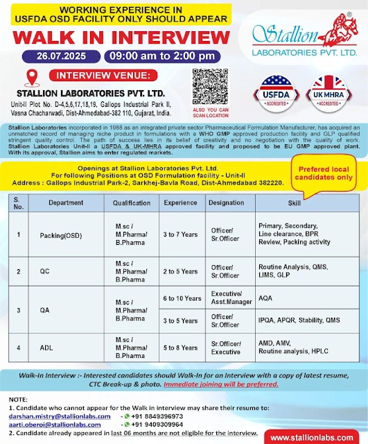 Stallion Laboratories Walk in Interview 2025