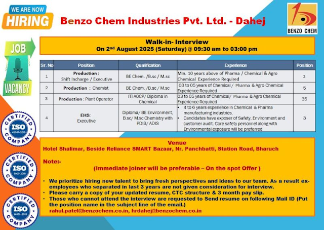 Benzo Chem Industries Walk In Interviews 2025