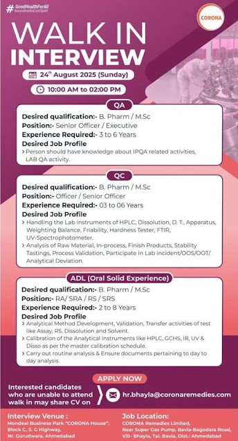 Corona Remedies Walk In Interview 2025