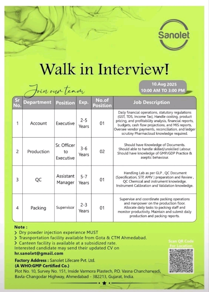 Sanolet Lifecare Walk-in Interview 2025