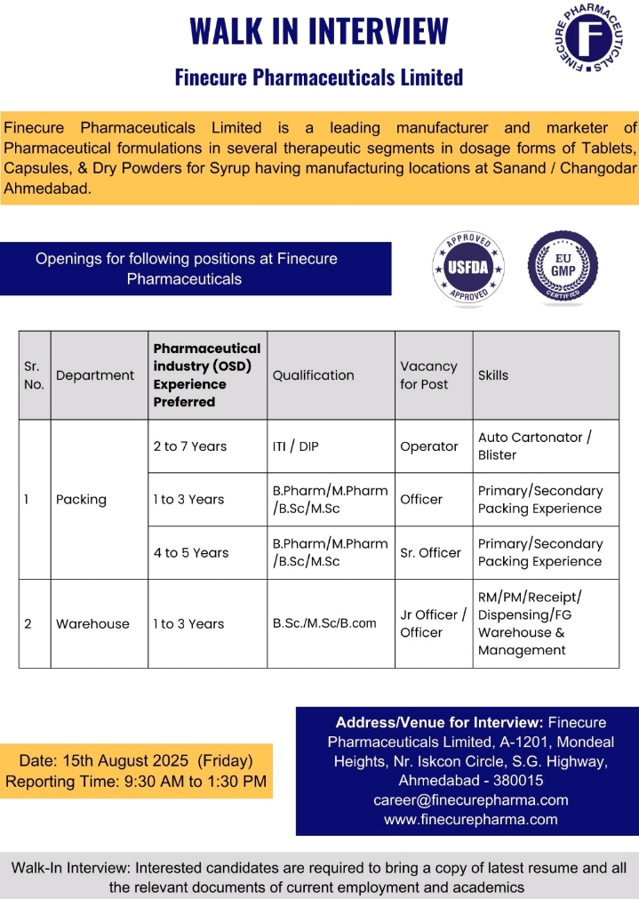 Finecure Pharma Walk In Interview 2025