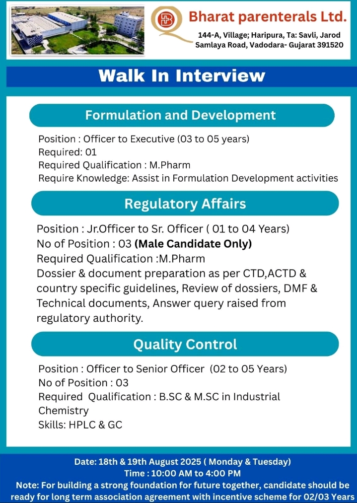 Bharat parenterals Walk in Interview 2025
