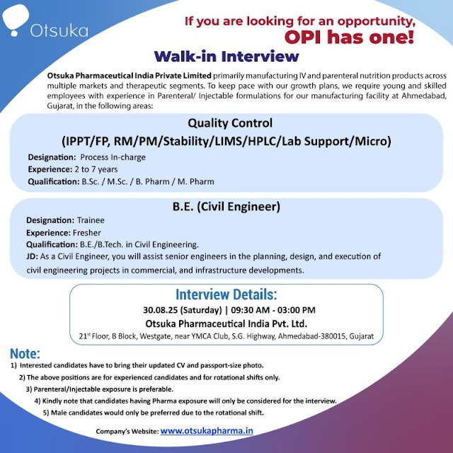 Otsuka Pharmaceutical Walk-in Interview 2025