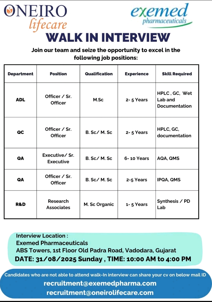Oneiro Lifecare & Exemed Pharmaceuticals Walk-In Interview 2025