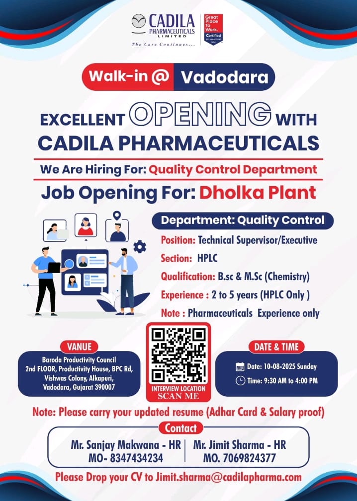 Cadila Pharma Walk in Interview 2025