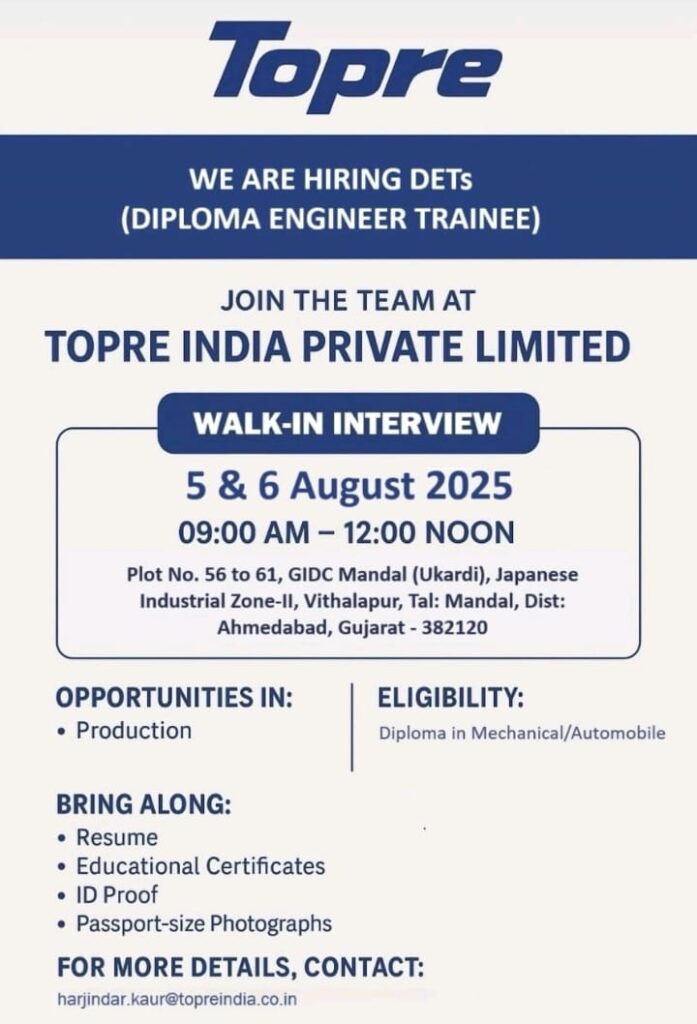 TOPRE India Walk in Interview 2025