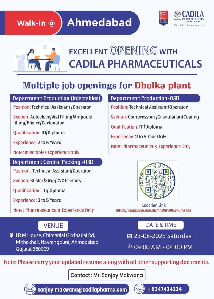Cadila Pharma Walk In Interview 2025
