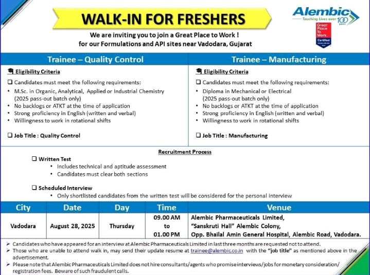 Alembic Pharma Fresher Walk in Interview 2025