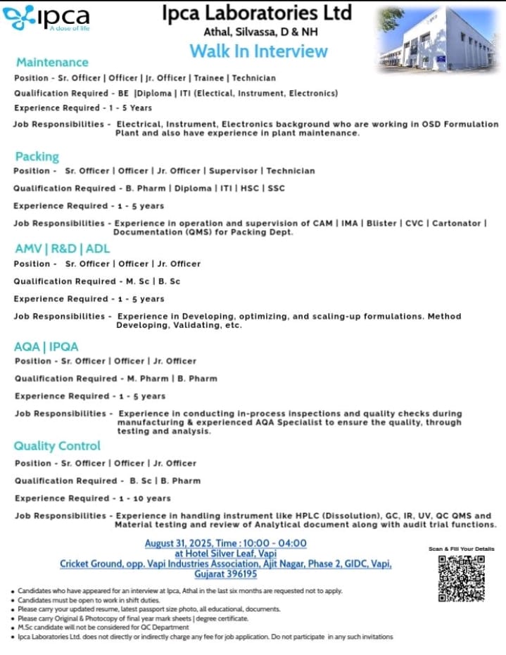 Ipca Laboratories Walk-In Interview 2025