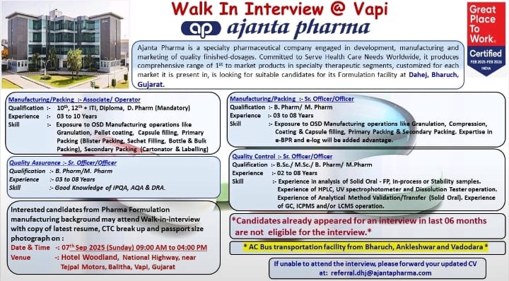 Ajanta Pharma Walk-In Interview 2025