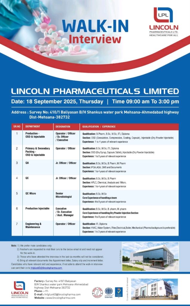 Lincoln Pharma Walk-in Interview 2025