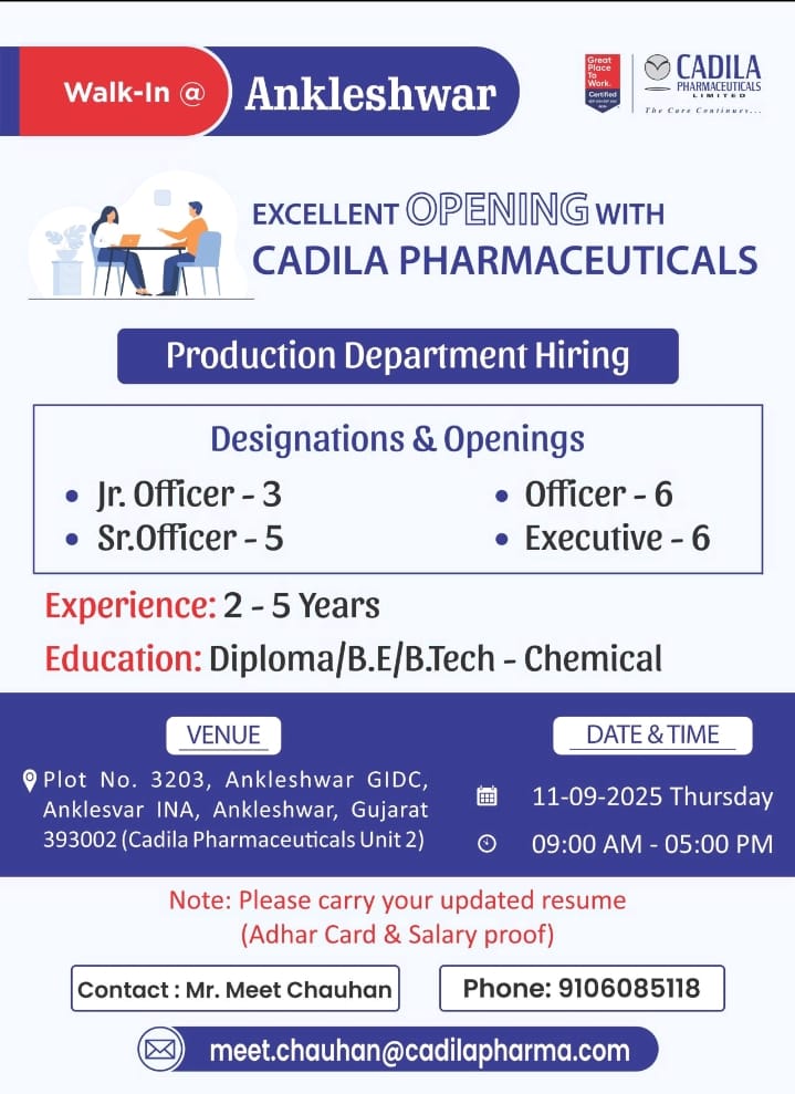 Cadila Pharma Walk-In Interview 2025
