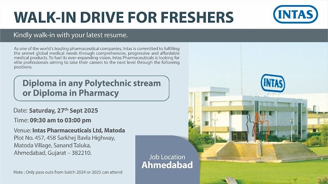 Intas Pharmaceuticals Walk-In Drive for Freshers 2025