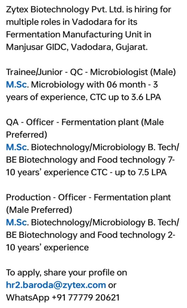 Zytex Biotechnology Hiring 2025