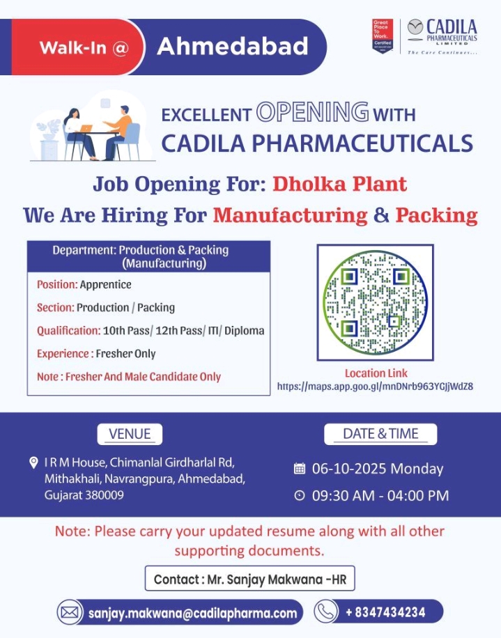Cadila Pharma Walk-In Interview 2025