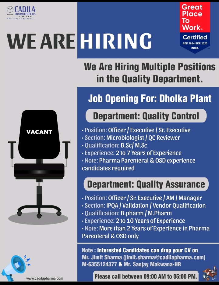 Cadila Pharmaceuticals Vacancy 2025