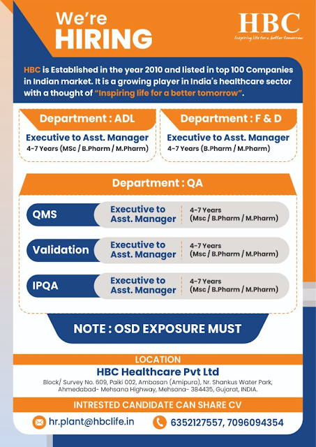 5 HBC Healthcare Pharma Jobs in Gujarat 2025