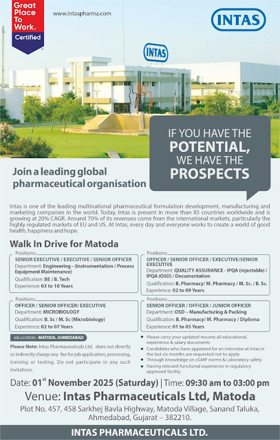 1050 Intas Pharmaceuticals jobs in Ahmedabad